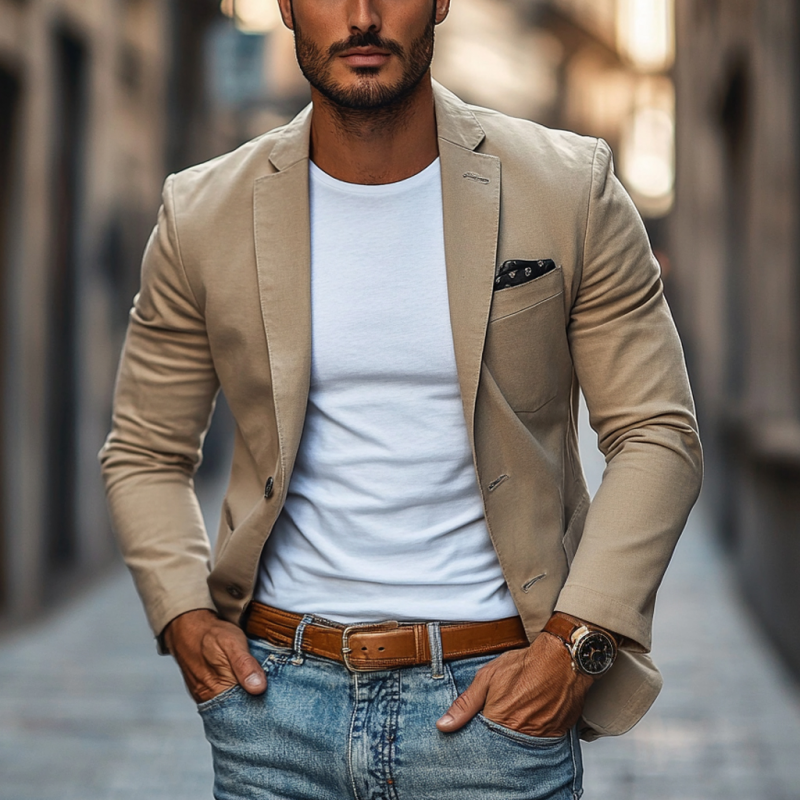 Men's Casual Breathable Cotton Notched Lapel Single Breasted Slim Fit Blazer DDT25052921