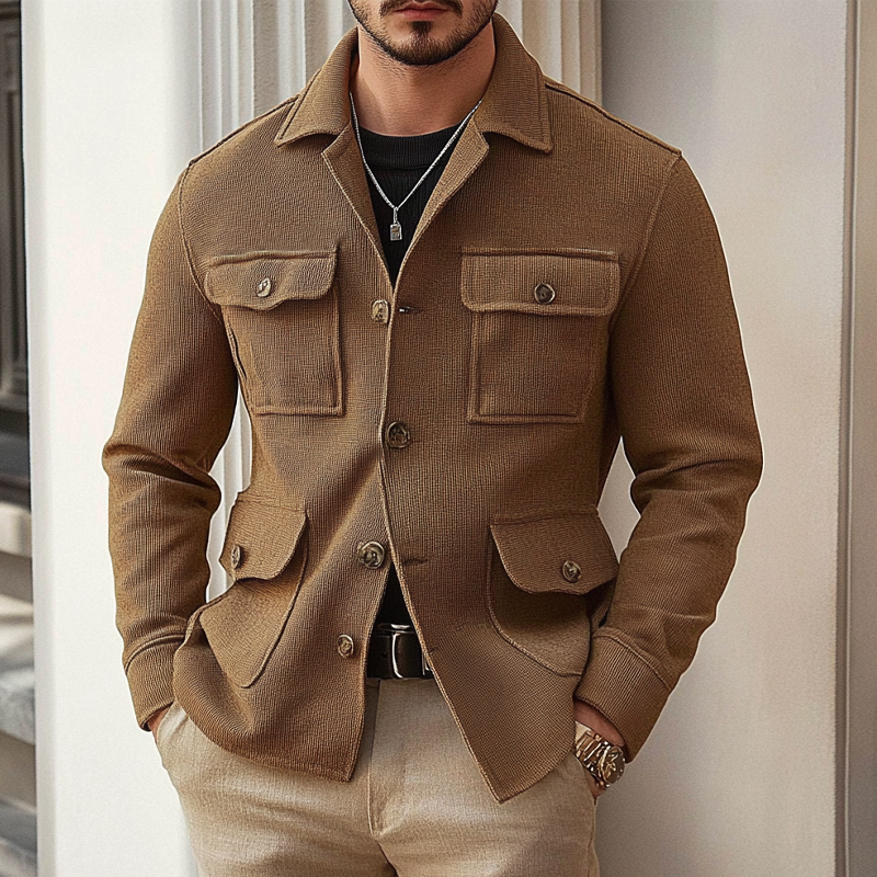 Men's Blended Multi-pocket Solid Color Lapel Jacket DTT25082516