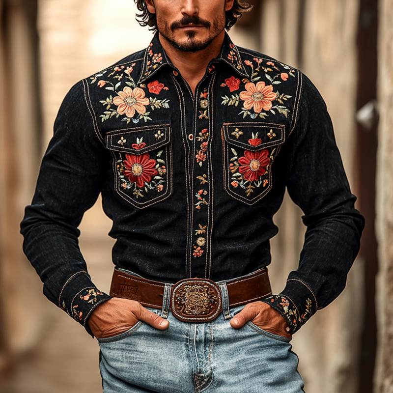 Men's Western Cowboy Style Embroidered Lapel Chest Pocket Long Sleeve Denim Shirt 9906108072120