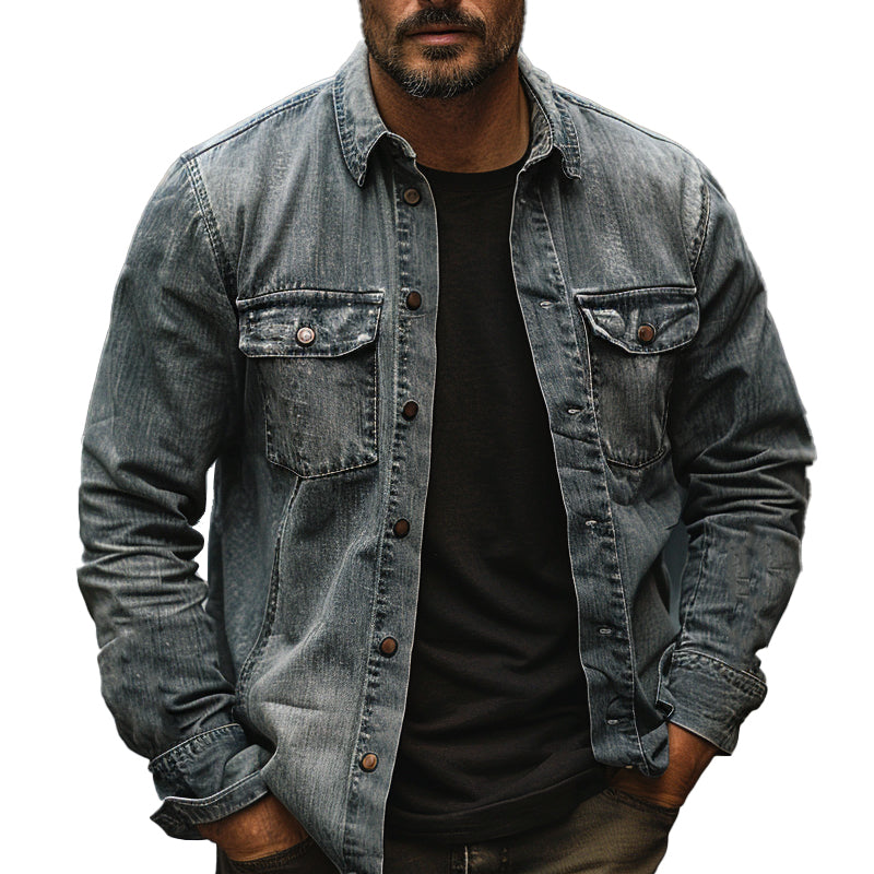 Men's Vintage Single Breasted Lapel Denim Long Sleeve Shirt 9894195101880