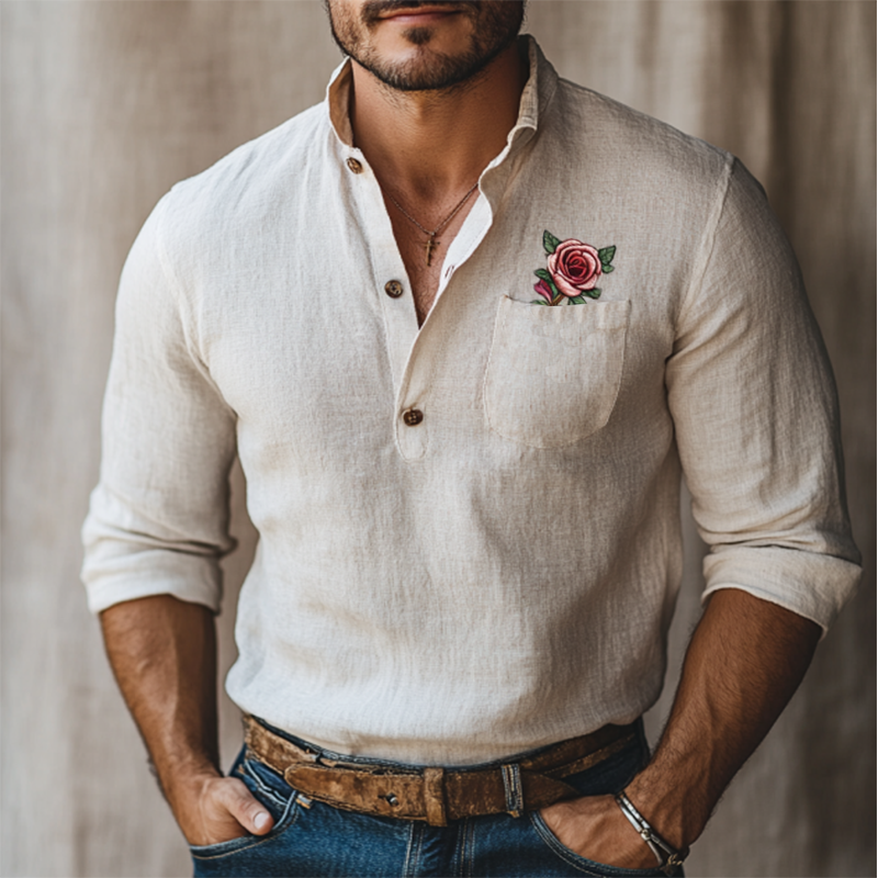 Men's Vintage Stand Collar Rose Embroidery Linen Long Sleeve Shirt 9892391747768