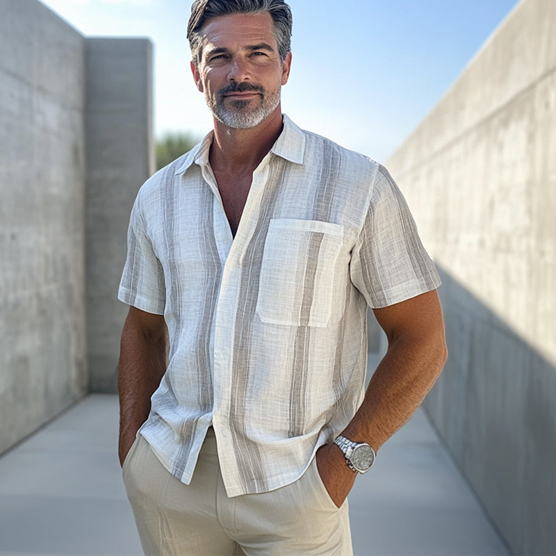 Men's Casual Vertical Striped Cotton and Linen Short-sleeved Shirt DTT25061208