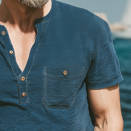 Men's Summer Classic Henley Collar Textured Short Sleeve T-Shirt DTT25070316