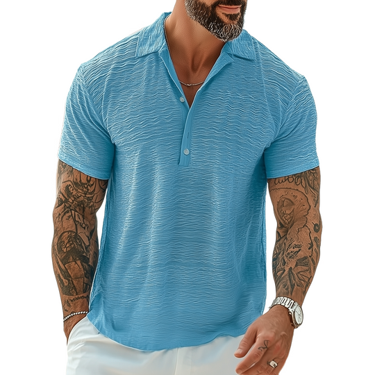 Men's Solid Wave Textured Lapel Half Placket Short Sleeve Shirt DTT25062420