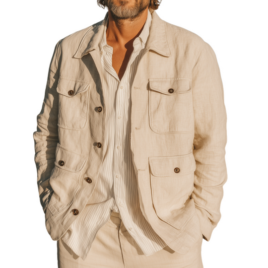 Men's Stylish Solid Color Breathable Linen Lapel Single Breasted Loose Safari Jacket DTT25071117