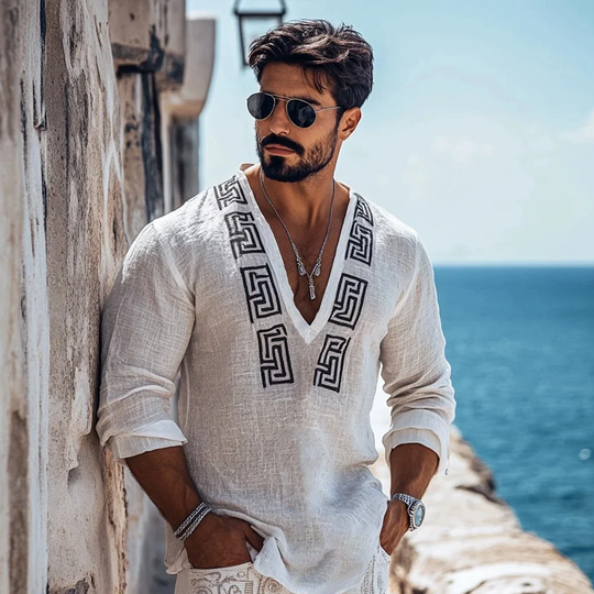 Men's Fashion Embroidery V Neck Long Sleeve Cotton And Linen Shirt 9899715264696