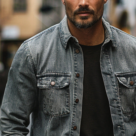 Men's Vintage Single Breasted Lapel Denim Long Sleeve Shirt 9894195101880