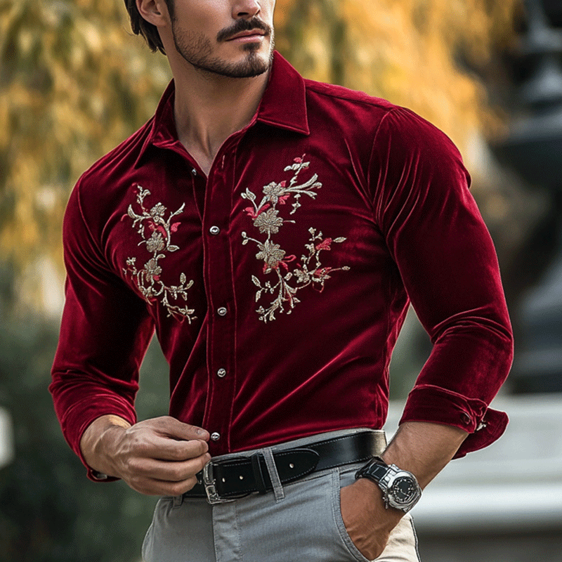 Men's Fashion Embroidery Lapel Long Sleeve Velvet Shirt 9899736498360