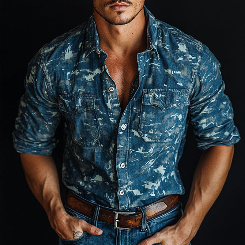 Men's Vintage Blue Camouflage Print Long Sleeve Shirt 9892392861880