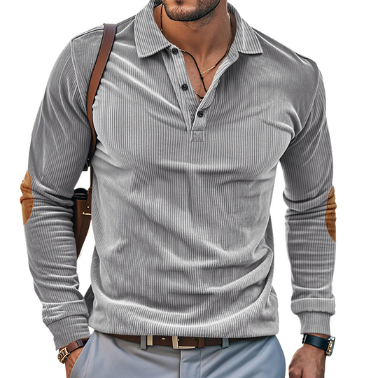 Men's Casual Corduroy Suede Elbow Panel Lapel Long Sleeve Polo Shirt 9906105024696