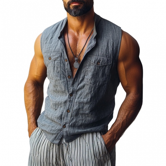 Men's Casual Solid Color Breathable Linen Lapel Chest Pocket Sleeveless Shirt DTT25060508
