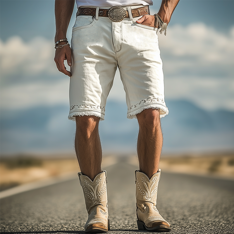 Men's Spring And Summer Fashion Western Tough Style Washed Denim Embroidery Raw Edge Casual Shorts DTT25060602