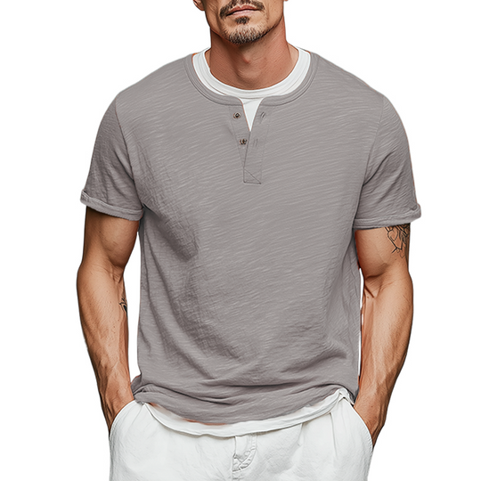 Men's Spring And Summer Fashion Casual Cotton Blended Henry Collar Fake Two-Piece Short Sleeve T-Shirt DTT25071106