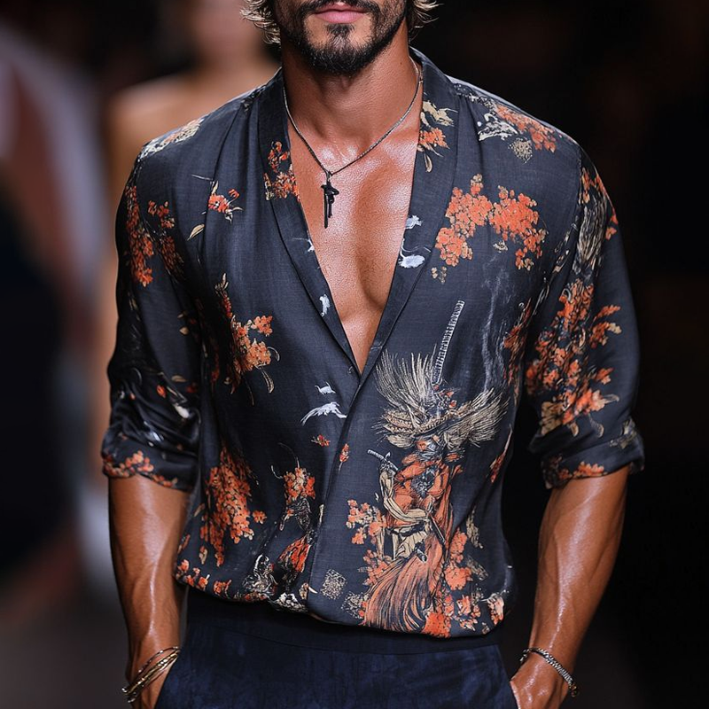 Men's Floral Print Lapel Long Sleeve Shirt DTT25062021