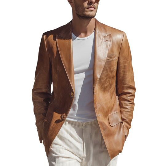 Men's Fashion  Retro Textured Leather Single-breasted Slim-fit Blazer DTT25080601