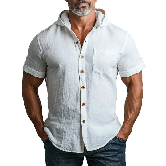 Men's Solid Single Breasted Chest Pocket Short Sleeve Hooded Shirt 9899607425208