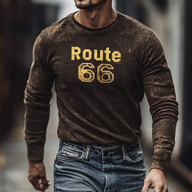 Men's Retro Casual Route 66 Printed Crew Neck Long Sleeve T-Shirt 9911545888952
