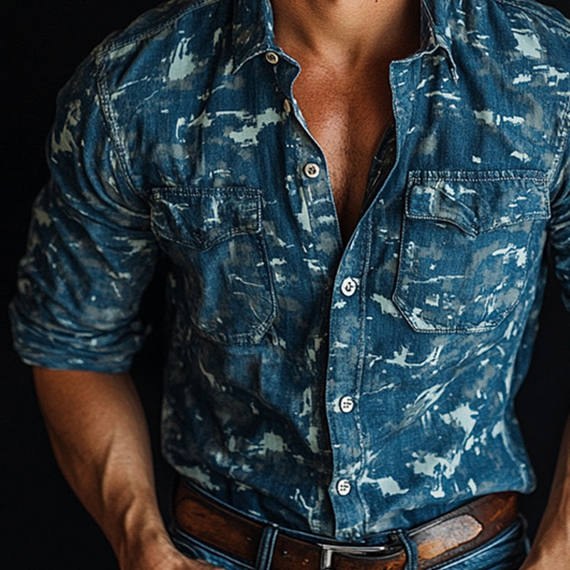 Men's Vintage Blue Camouflage Print Long Sleeve Shirt 9892392861880