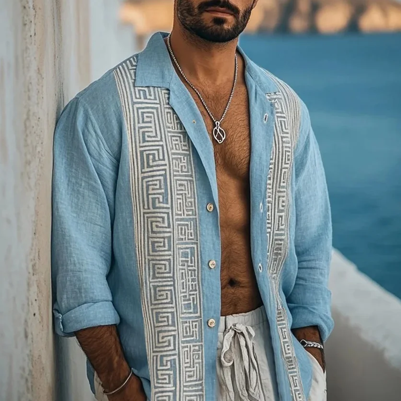 Men's Fashion Embroidery Lapel Long Sleeve Cotton And Linen Shirt 9899715166392