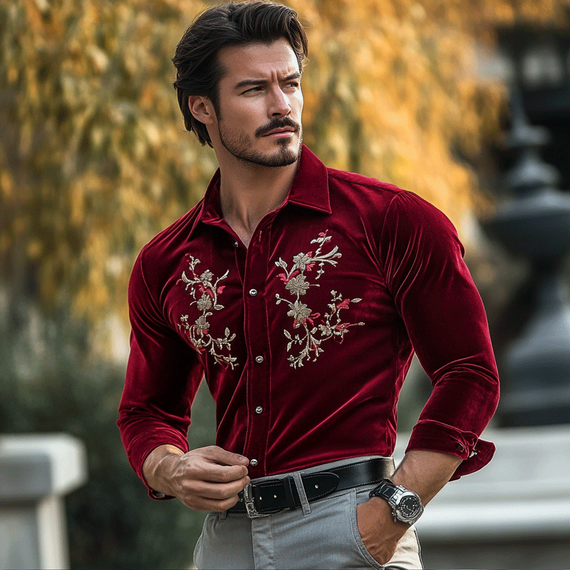 Men's Fashion Embroidery Lapel Long Sleeve Velvet Shirt 9899736498360