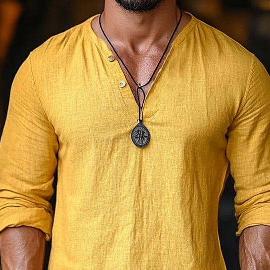 Men's Casual Yellow V-neck Linen Long Sleeve T-Shirt 9899737874616