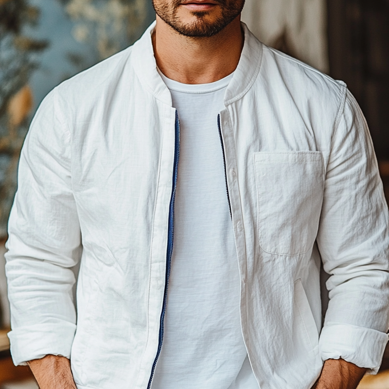 Men's Spring And Summer Solid Cotton And Linen Chest Pocket Zipper Jacket 9918991007928
