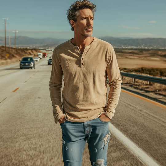 Men's Casual Western Style Henley Neck Thin Suede Long Sleeve T-Shirt DTT25080114