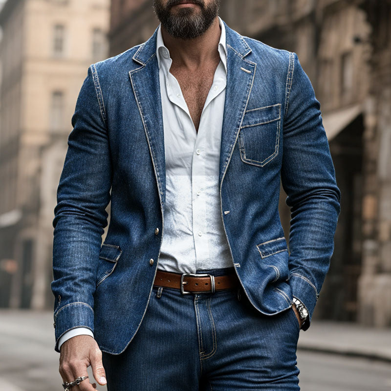 Men'S Dark Blue Textured Washed Denim Blazer Dtt847475896