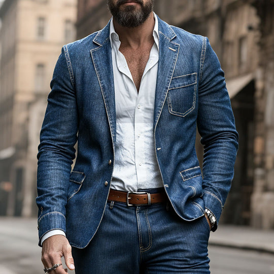 Men'S Dark Blue Textured Washed Denim Blazer Dtt847475896