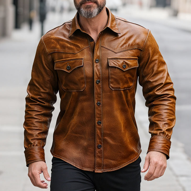 Men's Vintage Slim Fit Button-Down Leather Shirt Dtt528278200