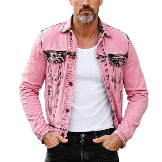 Men's Vintage Pink Tie Dye Slim Fit Denim Jacket Dtt547822264