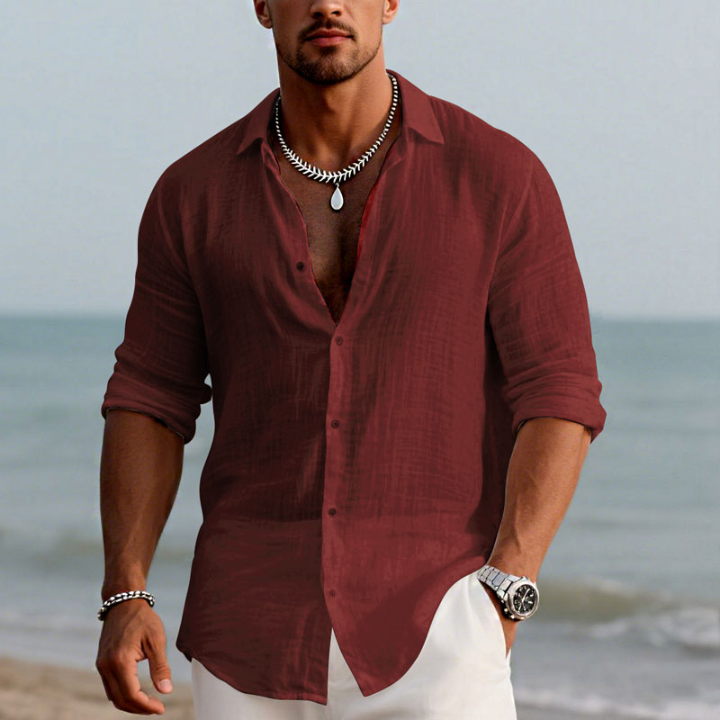 Men's Cotton and Linen Casual Solid Color Lapel Shirt 9261774962872