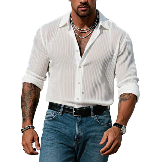 Men's Solid Color Striped Lapel Long Sleeve Shirt 9261775323320