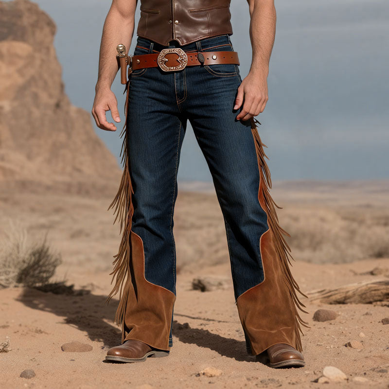 Men's Patchwork Brown Suede Panels Fringed Trim Western Style Wide Leg Jeans Dtt250500706