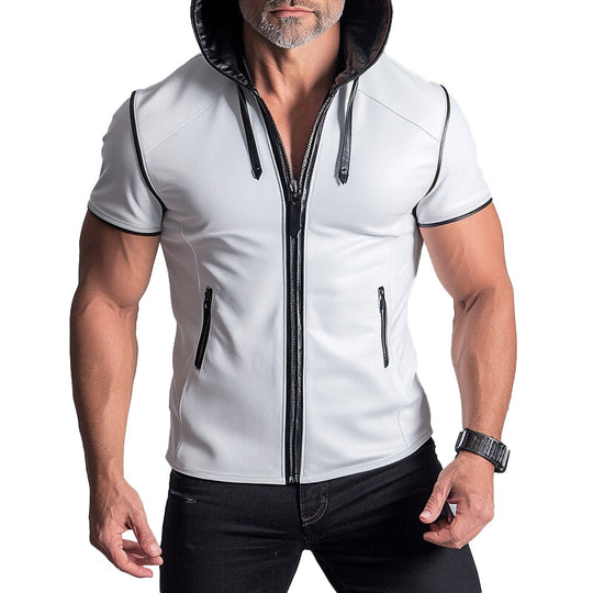 Men's PU Leather Contrast Binding Zip Up Short Sleeve Hoodie 9903588212920