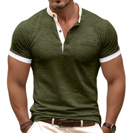 Men's Casual Colorblock Cotton Henley Collar Patch Pocket Slim Fit Short Sleeve T-Shirt DTT25063003