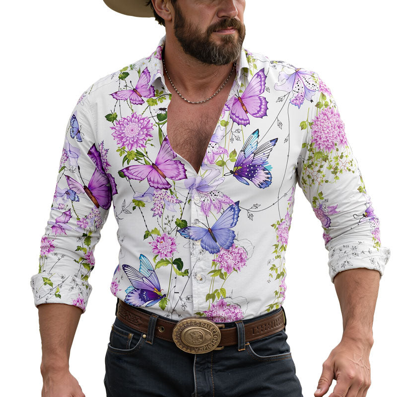Men's Hawaiian Floral Print Long Sleeve Lapel Shirt Dtt795803320