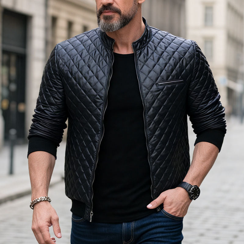 Men's Fashion Casual Diamond Quilted Slim Fit Leather Jacket Dtt642117304