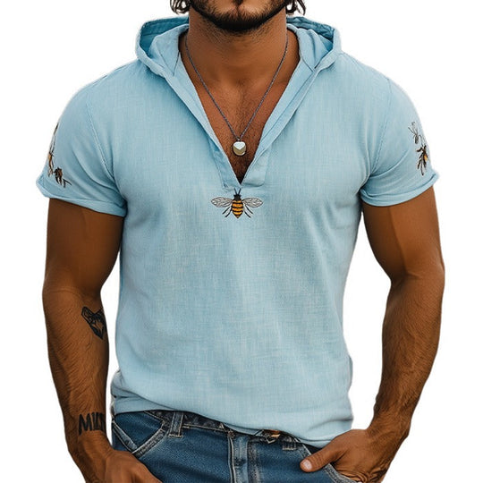 Men's Animal Embroidered Hooded Slim Fit Cotton and Linen Short Sleeve Casual T-Shirt 9956142645432