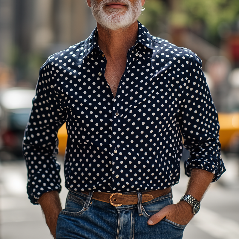 Men's Fashion Polka Dot Lapel Long Sleeve Shirt 9909012398264