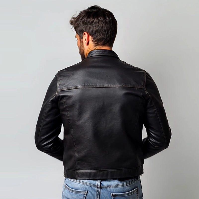 Men's Fashion Multi-Pocket Stand Collar Leather Jacket 9884643492024