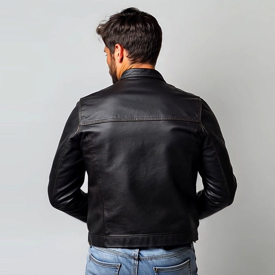 Men's Fashion Multi-Pocket Stand Collar Leather Jacket 9884643492024