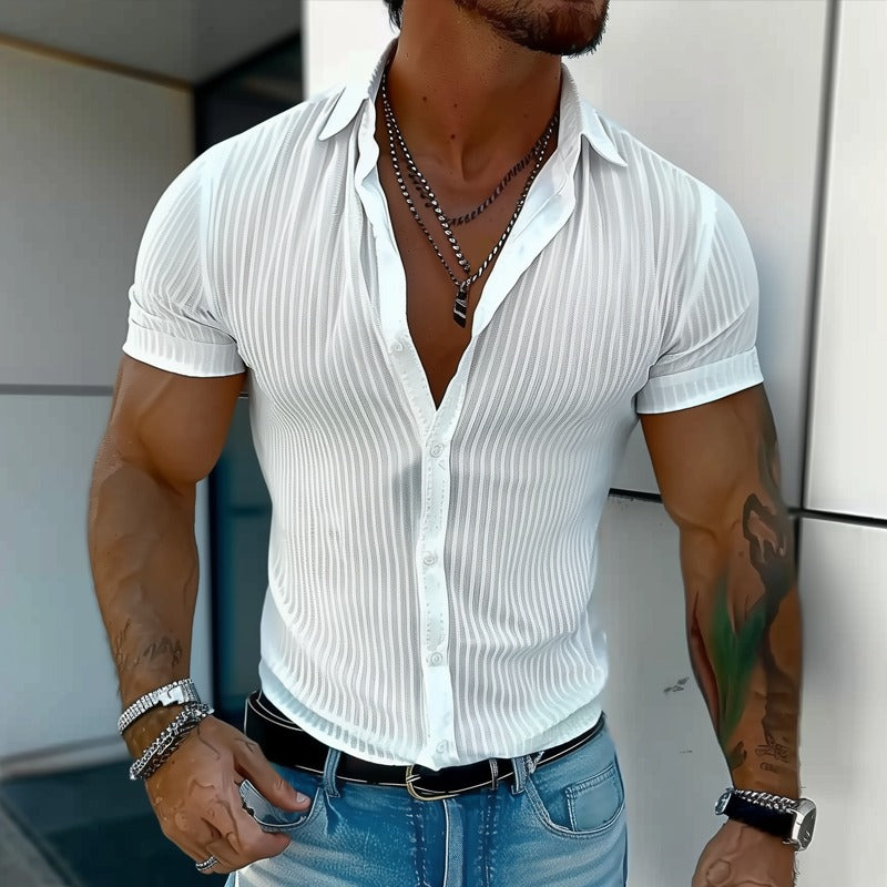 Men's Striped Lapel Short Sleeve Solid Color Shirt 9956142088376