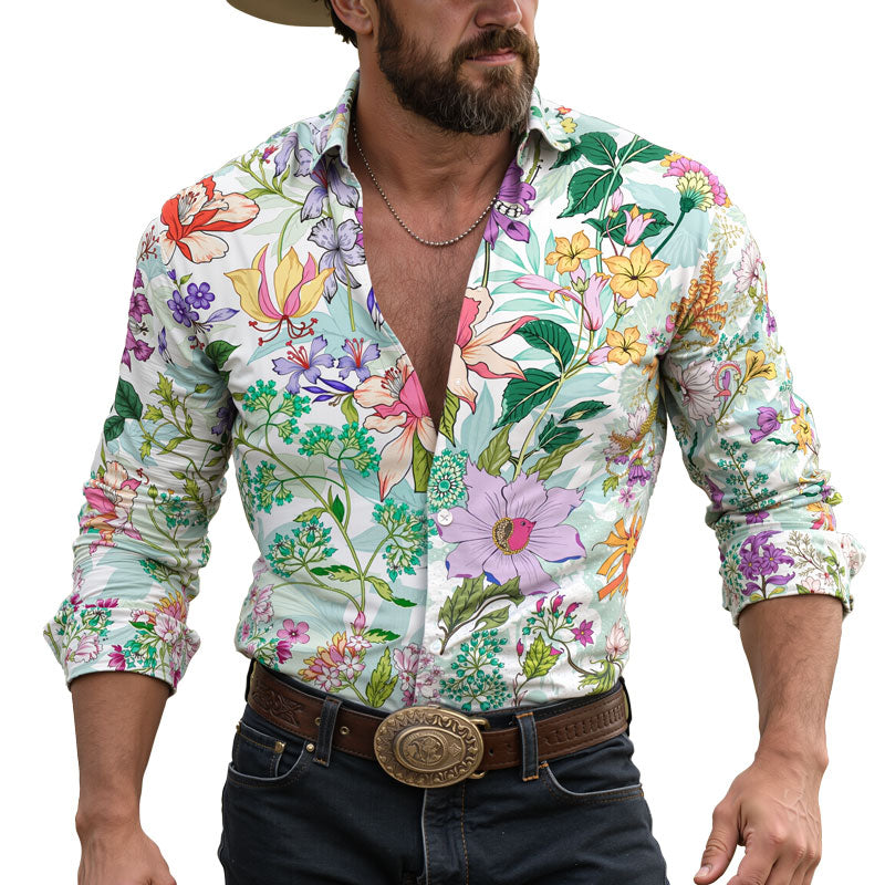 Men's Hawaiian Floral Print Long Sleeve Lapel Shirt Dtt795803320