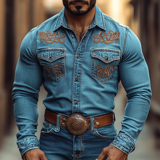 Men's Western Cowboy Style Embroidered Lapel Chest Pocket Long Sleeve Denim Shirt 9905398284472