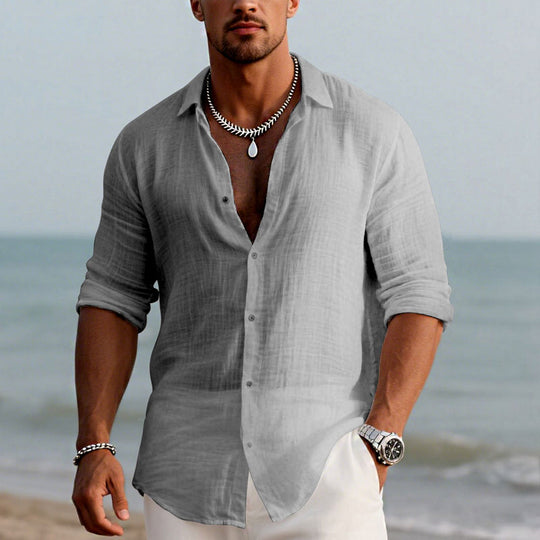 Men's Cotton and Linen Casual Solid Color Lapel Shirt 9261774962872