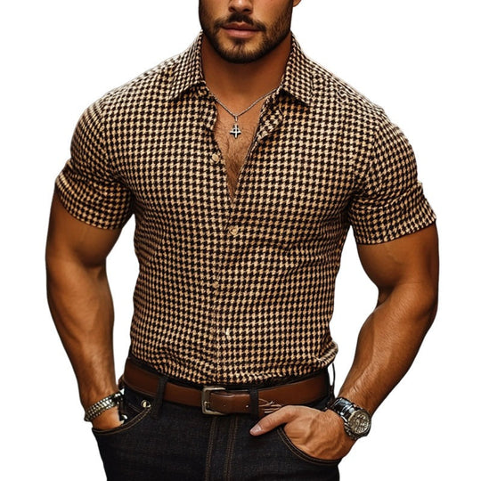 Men's Plaid Print Lapel Short Sleeve Shirt 9956142153912