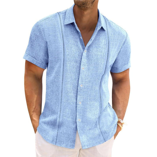 Men's Solid Color Lapel Short Sleeve Cotton and Linen Shirt 9956142612664