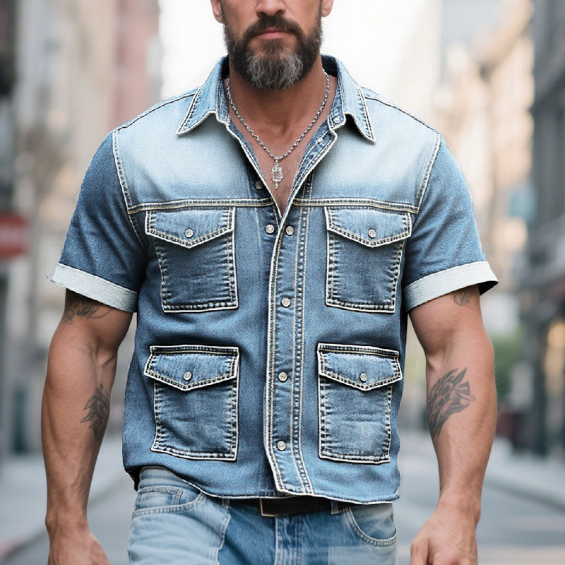 Men's Turndown Collar Button Pockets Short Sleeve Denim Safari Shirt Dtt235275960