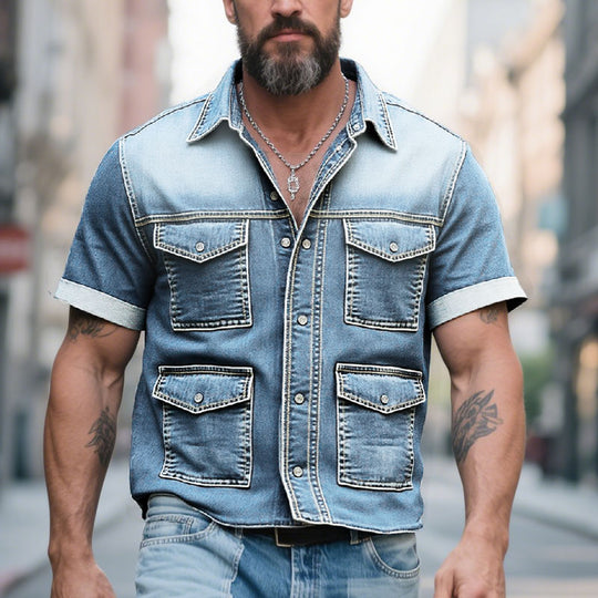 Men's Turndown Collar Button Pockets Short Sleeve Denim Safari Shirt Dtt235275960